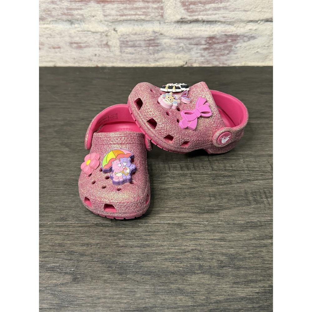 Crocs Toddler Girls Classic Glitter Clog Pink Slip On Shoes Size C4 Sparkle
